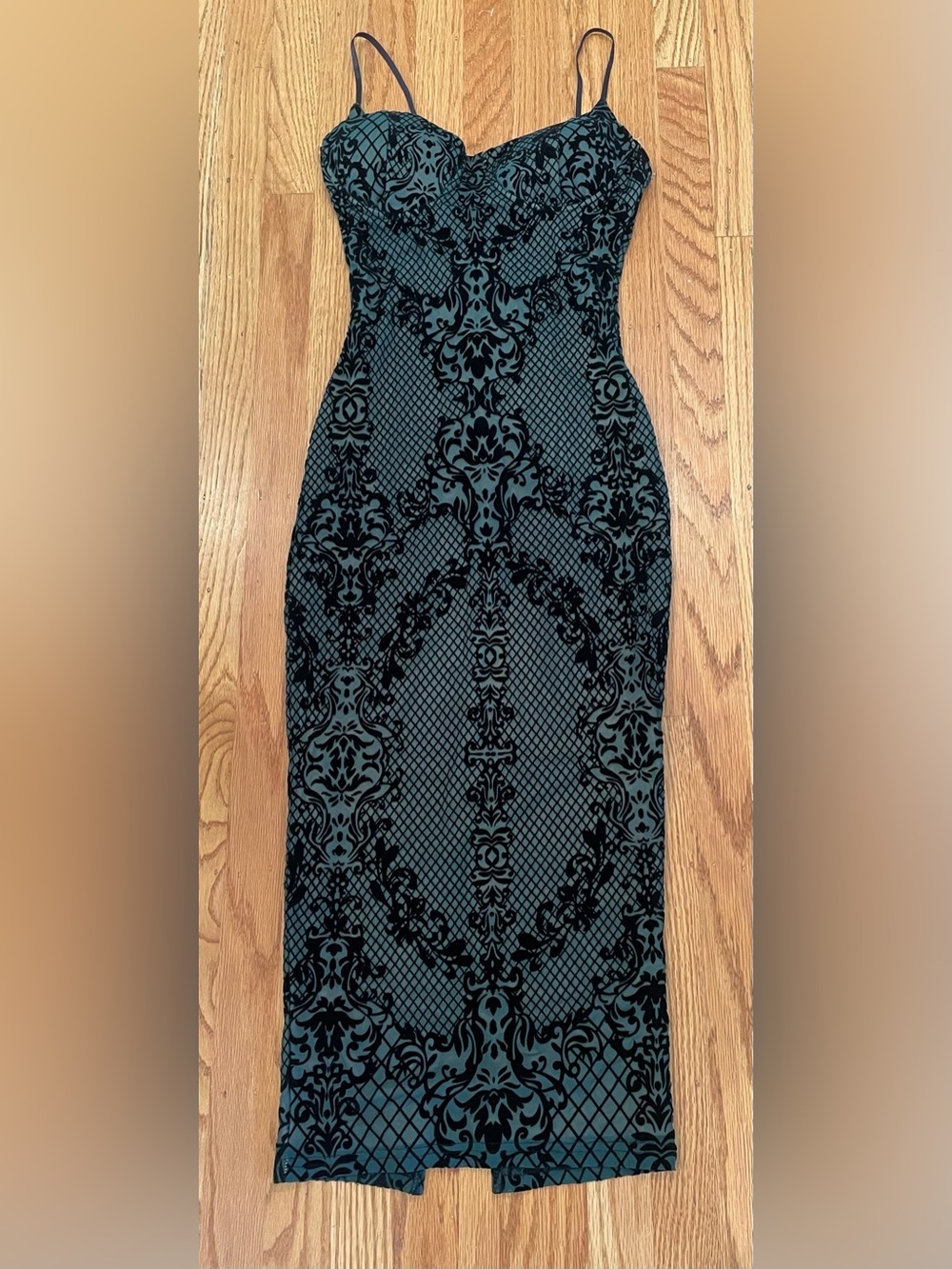 Fashion Nova Teal and Black Flocked Lace-Effect Maxi Dress